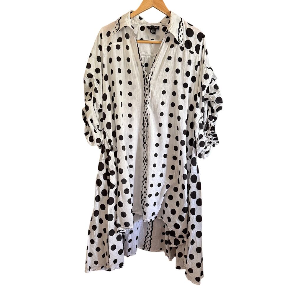 STEP IN STYLE Black Polka Dot Trapeze Button down Puff Sleeve Dress 2X Lagenlook